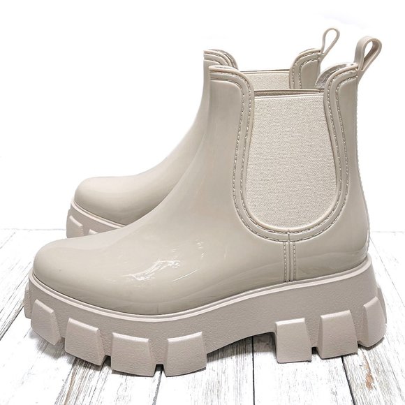 Shoes - New Beige Patent Chelsea Platform Rain Boots Ankle Booties